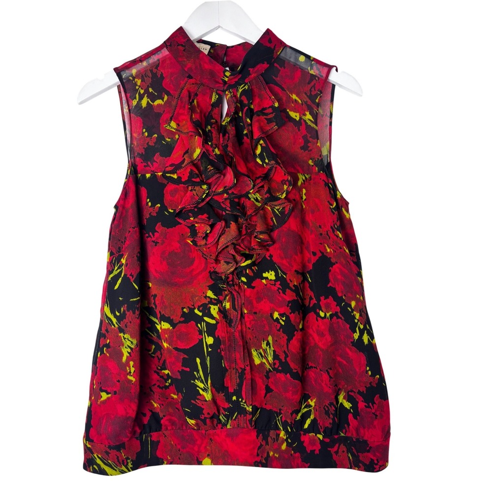 Karen Millen Floral Ruffle Blouse Womens 8 Red Black Mock Neck Chiffon Excellent